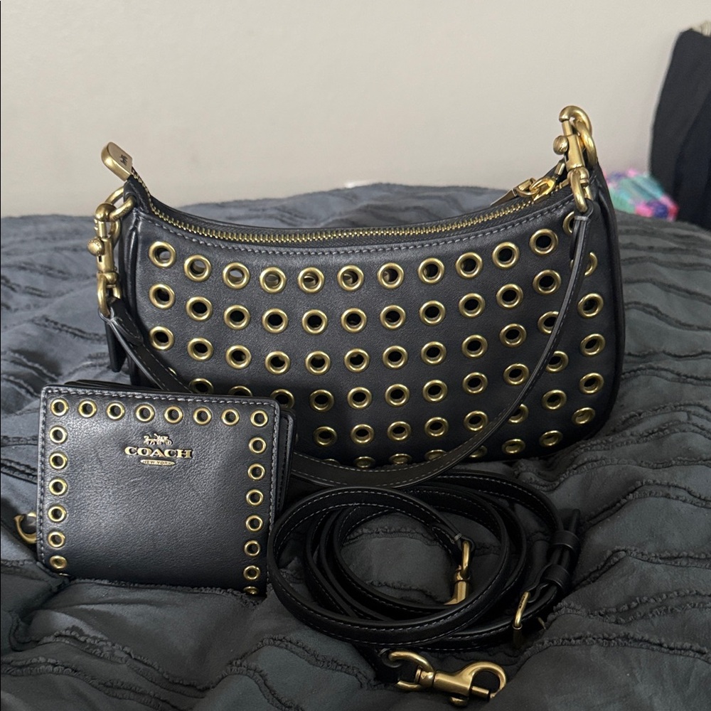 Coach Black and Gold Eyelet Shoulder Bag